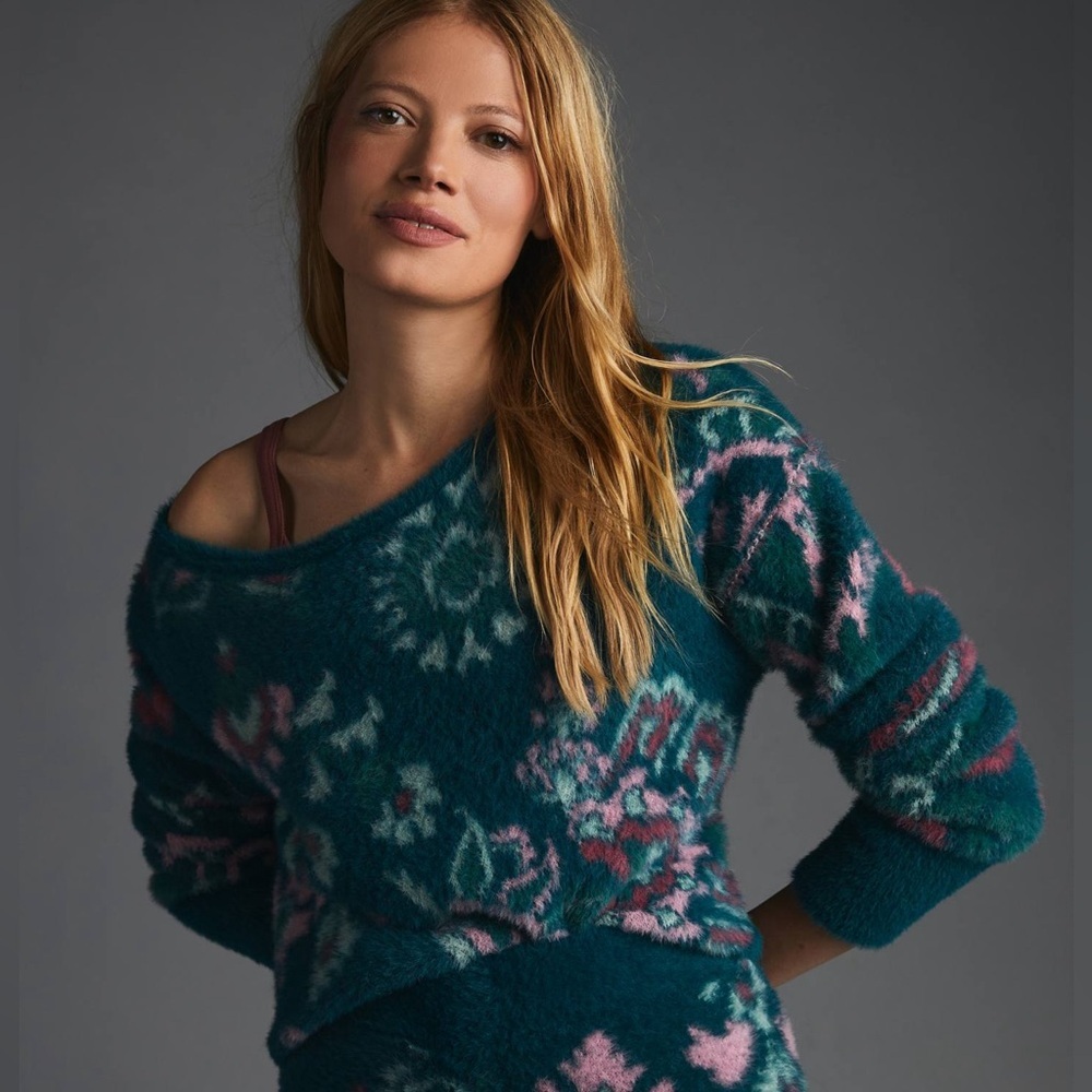 Anthropologie Daily Practice Fuzzy Floral Open Back Tie Cropped Sweater M